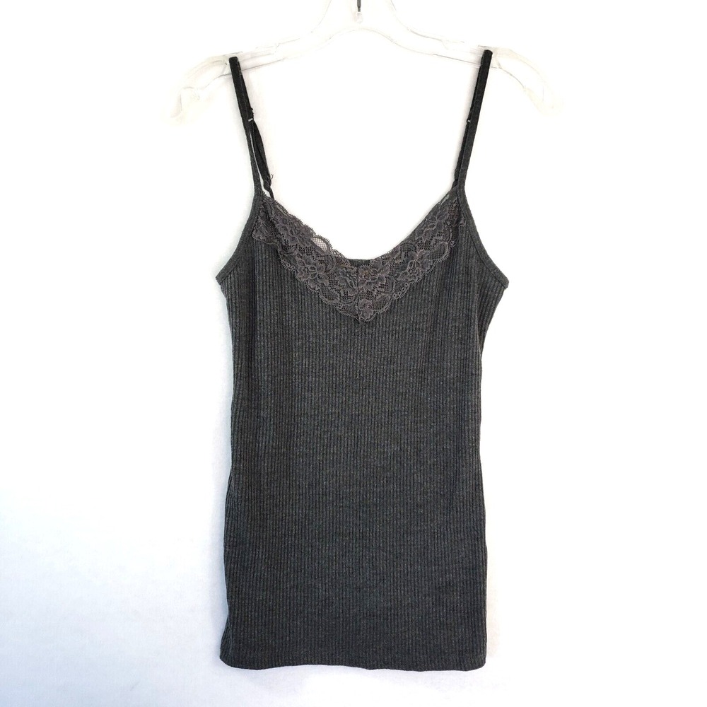 Prince & Fox Cami Top Womens M Gray Lace Trim Ribbed Knit‎ Adjustable Straps Y2K